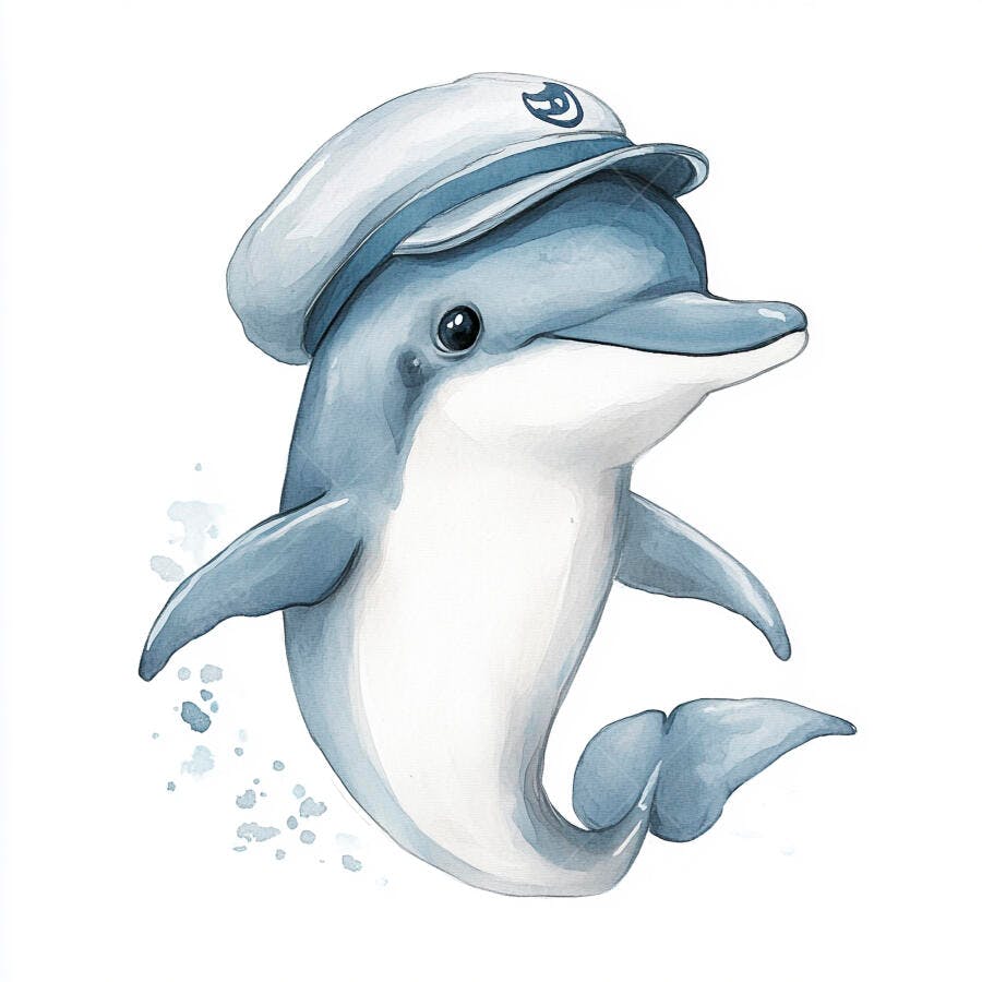 Golfinho azul com chapéu de capitão sorrindo ilustração infantil