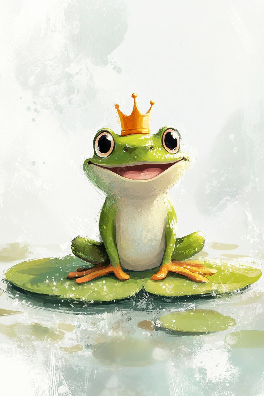 Sapo verde feliz com coroa dourada em vitória-régia ilustração aquarela
