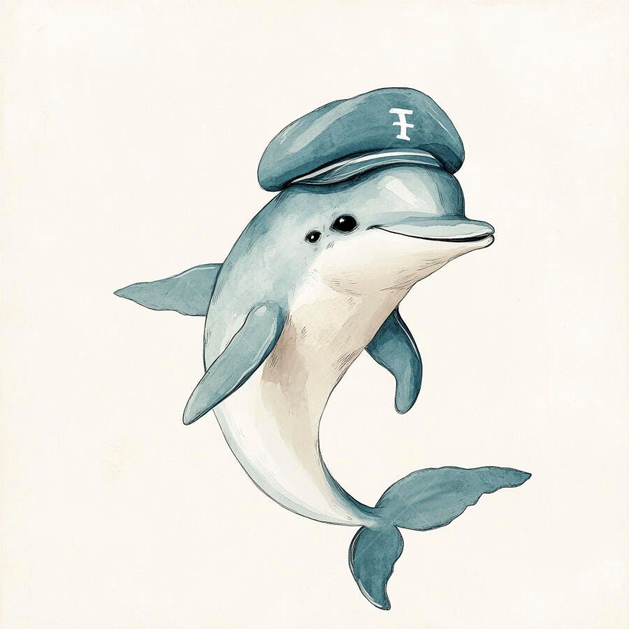 Golfinho feliz com chapéu de marinheiro azul ilustração infantil