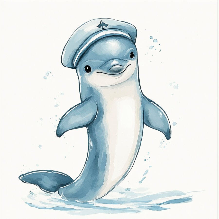 Golfinho fofo marinheiro azul e branco sorrindo em aquarela