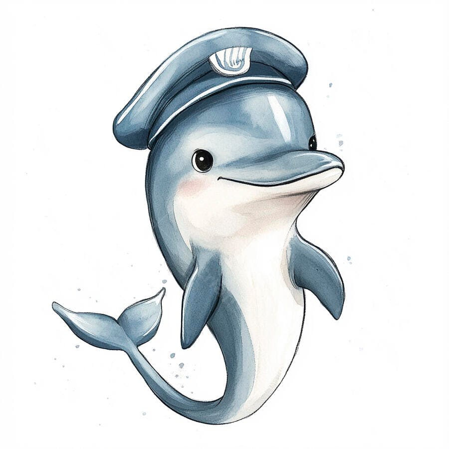 Golfinho azul piloto fofo com chapéu de capitão branco e rosa