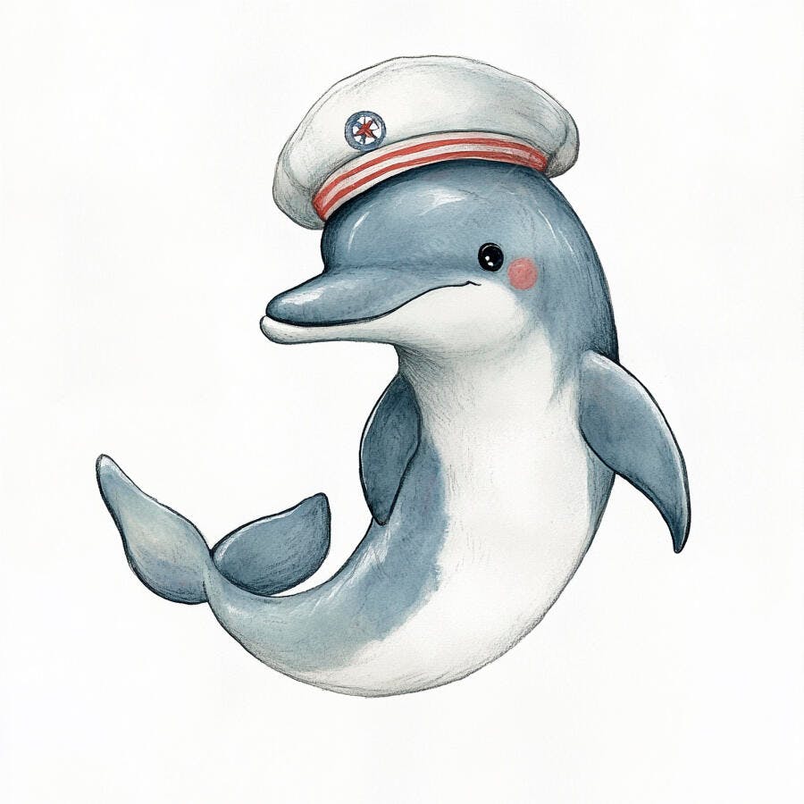 Golfinho azul fofo usando chapéu de marinheiro sorrindo ilustração aquarela