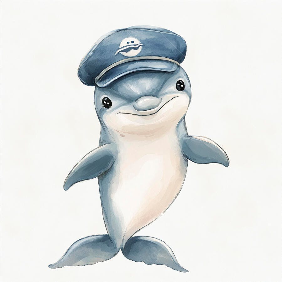 Golfinho bebê azul com boné de capitão sorrindo em ilustração fofa