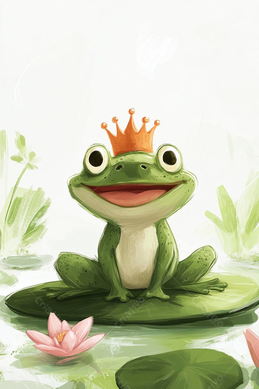 Sapo verde sorridente com coroa real em lagoa de vitórias-régias ilustração