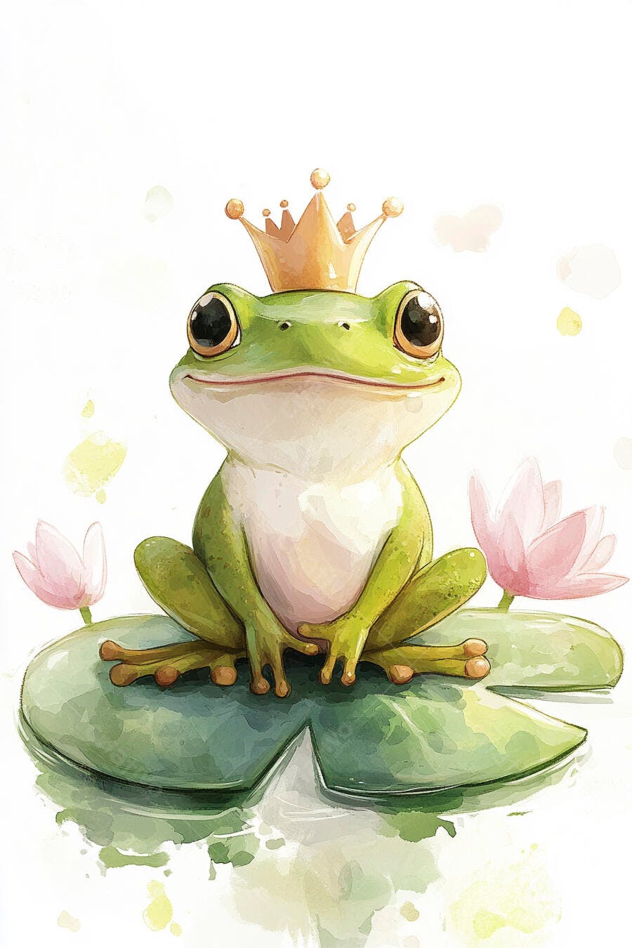 Sapo verde com coroa de ouro sentado em folha de vitória-régia aquarela