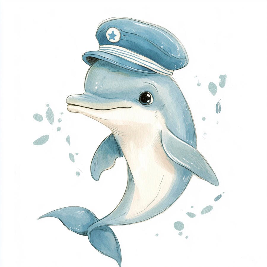 Golfinho azul fofo usando quepe de capitão em ilustração infantil