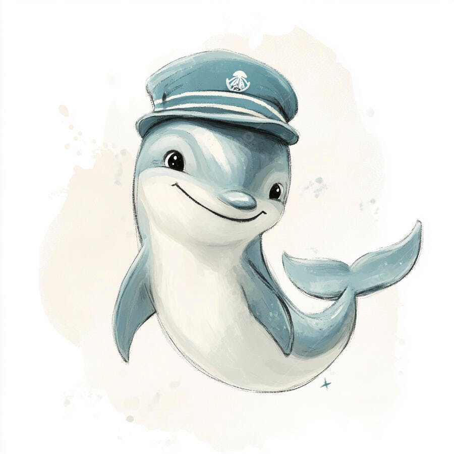 Golfinho azul sorridente com boné de marinheiro ilustração infantil