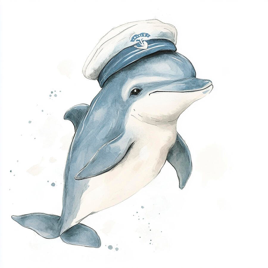 Golfinho sorridente com chapéu de marinheiro ilustração aquarela