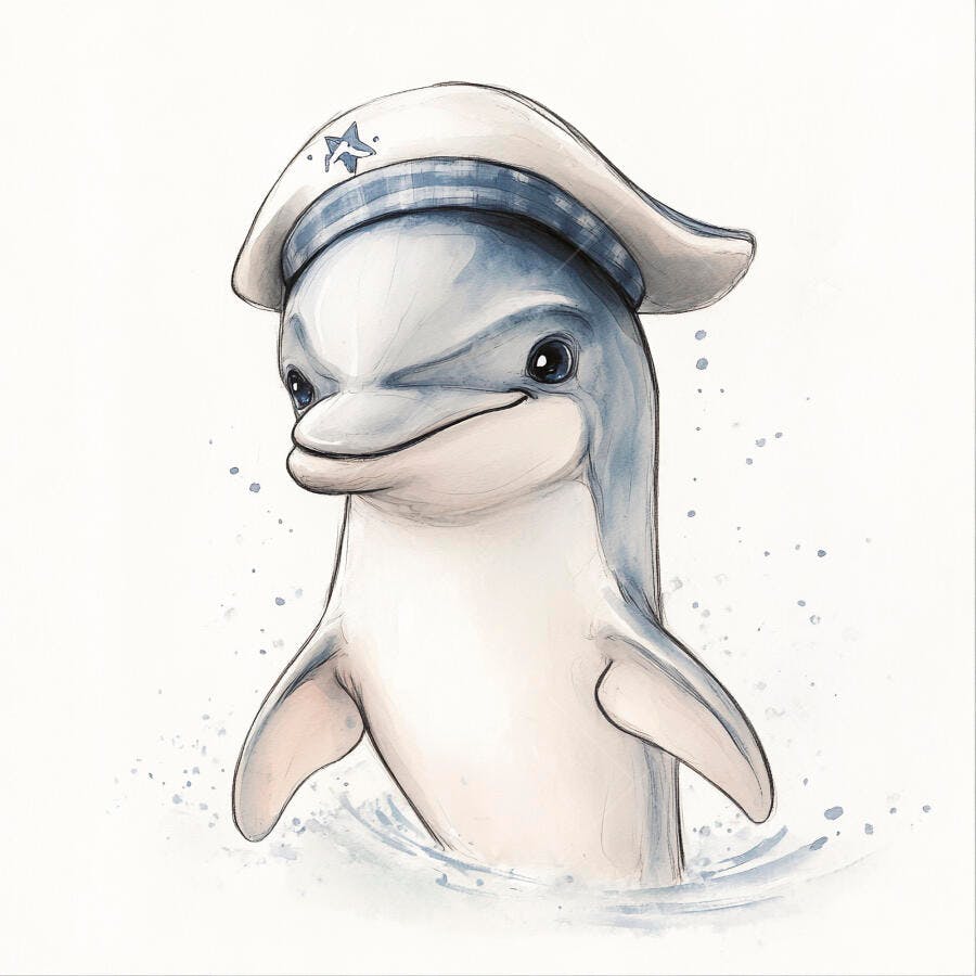 Golfinho fofo sorridente com chapéu de marinheiro ilustração aquarela