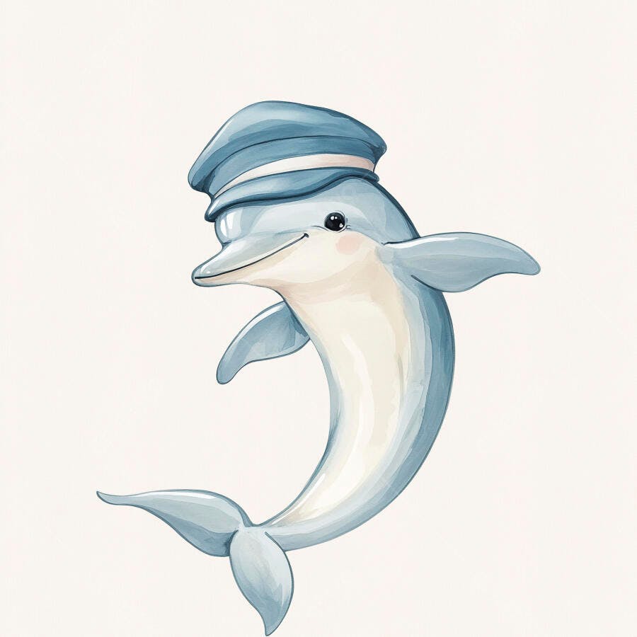 Golfinho azul sorridente com chapéu de marinheiro ilustração infantil aquarela