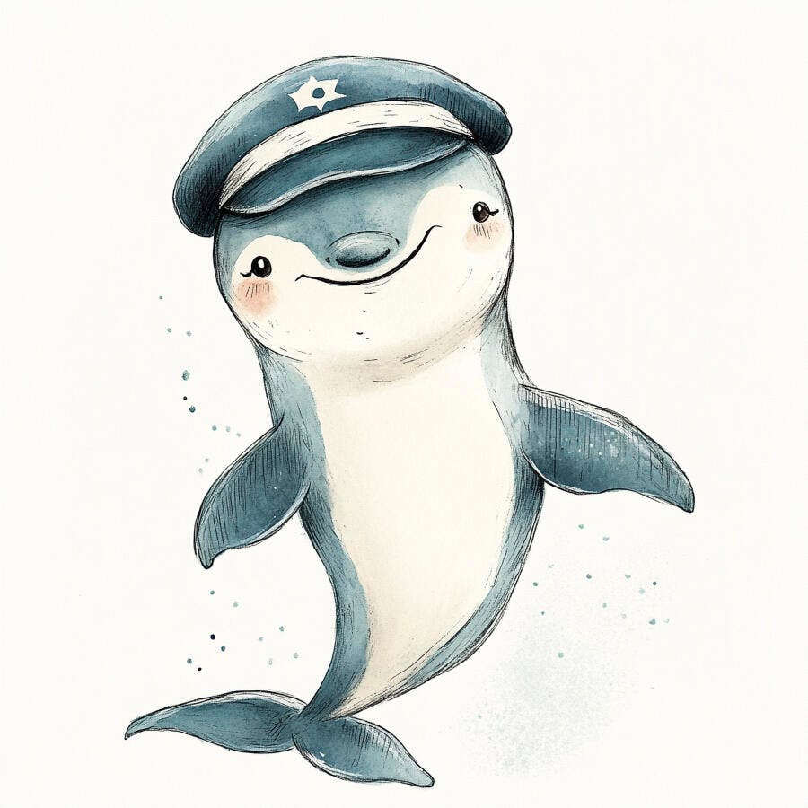 Golfinho azul marinheiro com chapéu de capitão sorrindo ilustração fofa