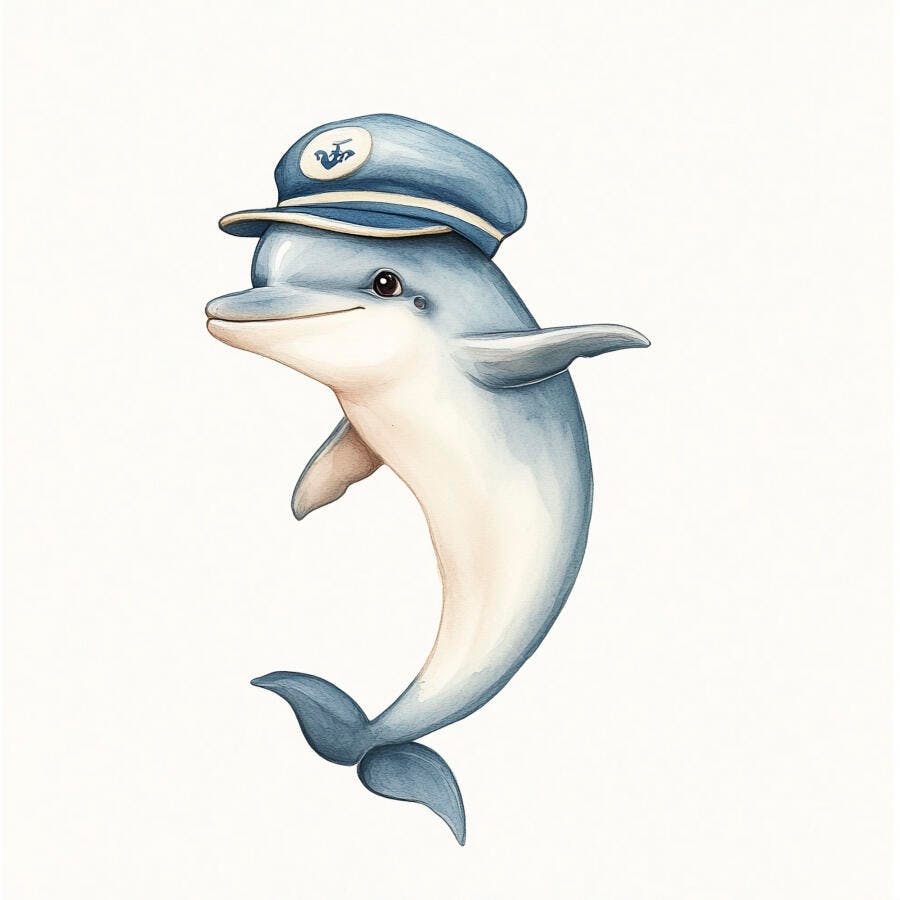 Golfinho feliz de chapéu de capitão azul ilustração infantil