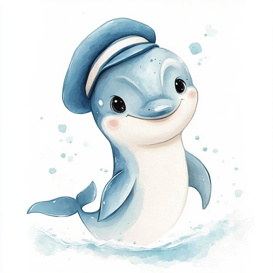 Golfinho bebê azul claro fofo com chapéu de marinheiro sorridente ilustração