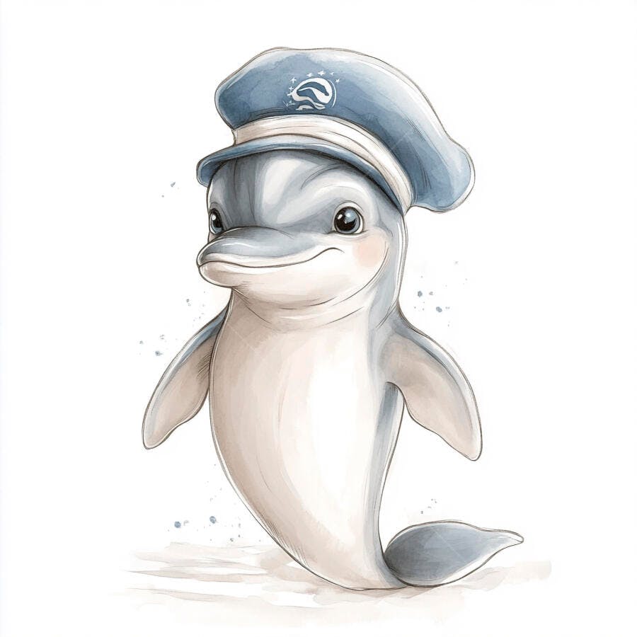 Golfinho bebê usando boné de capitão azul sorrindo ilustração fofa