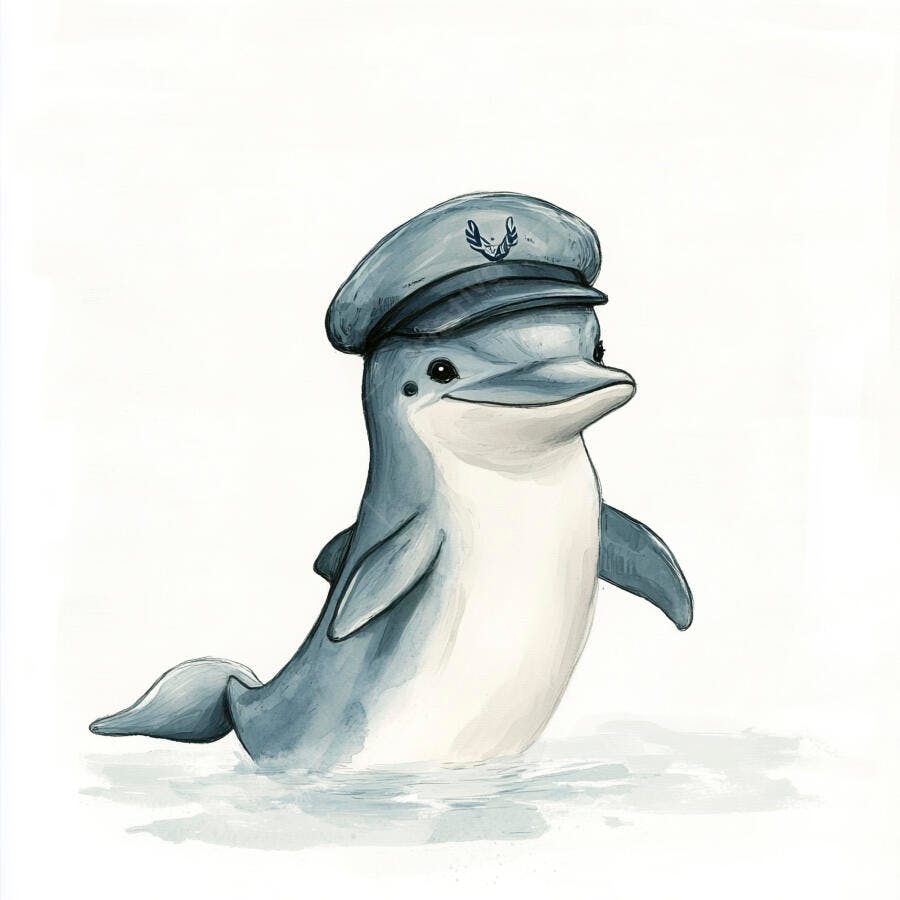 Golfinho sorridente com quepe de capitão em aquarela fofa