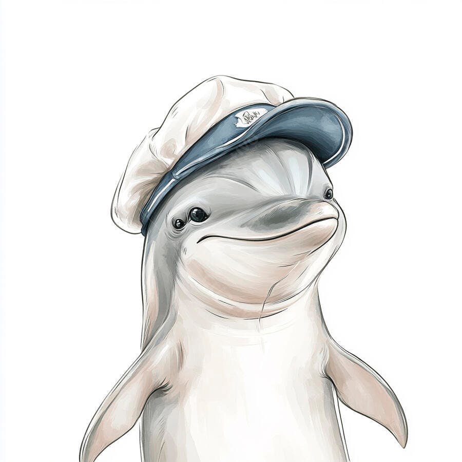 Golfinho cinza feliz usando chapéu de marinheiro azul e branco sorrindo