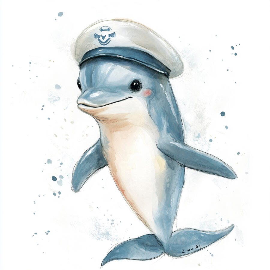 Golfinho bebê fofo de chapéu de marinheiro em aquarela vibrante