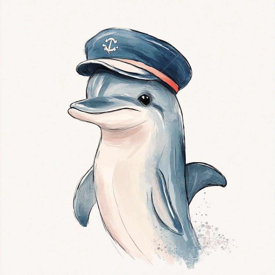 Golfinho fofo usando chapéu de capitão azul ilustração aquarela