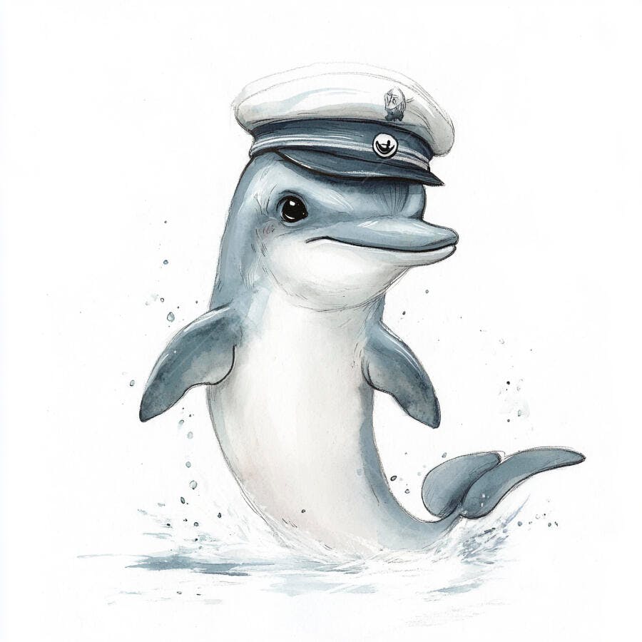 Golfinho fofo com chapéu de capitão azul e branco em aquarela