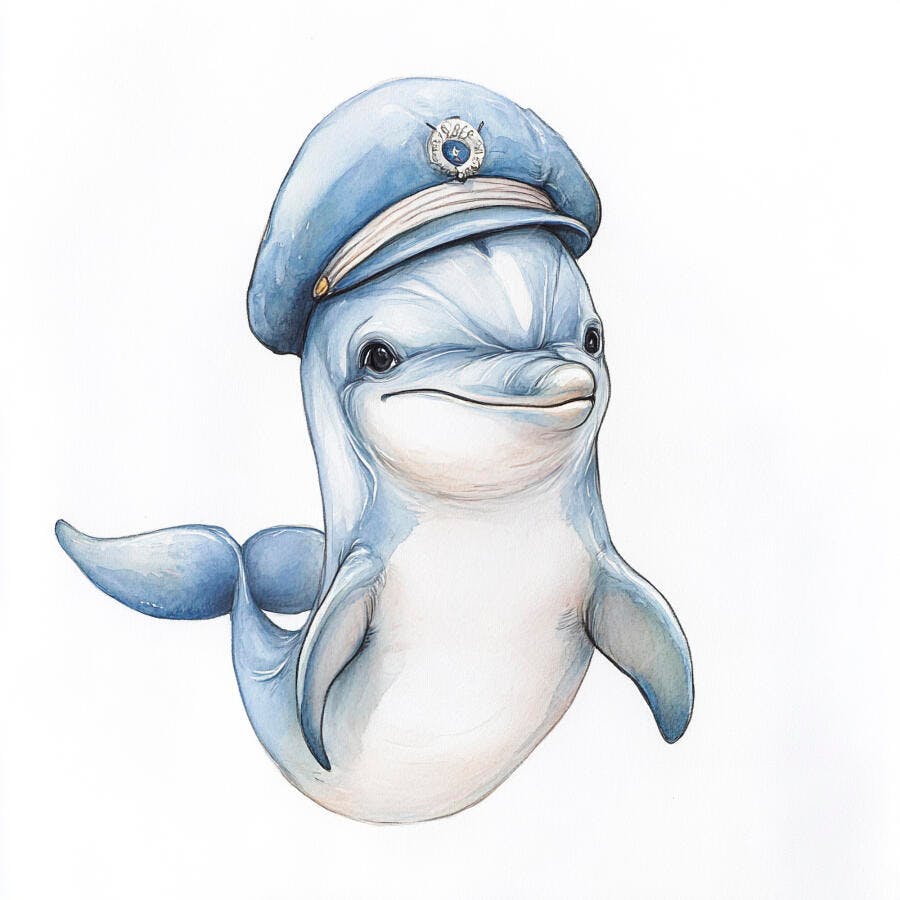 Golfinho azul claro sorrindo com chapéu de capitão ilustração infantil