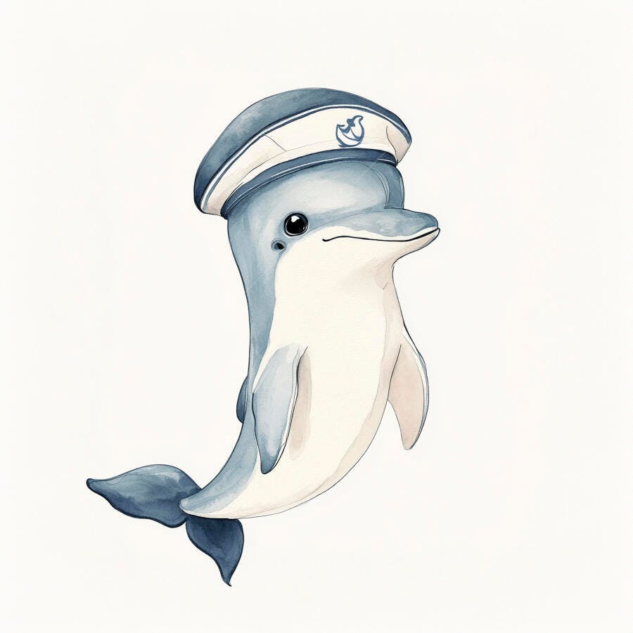 Golfinho bebê fofo de chapéu de capitão azul sorrindo