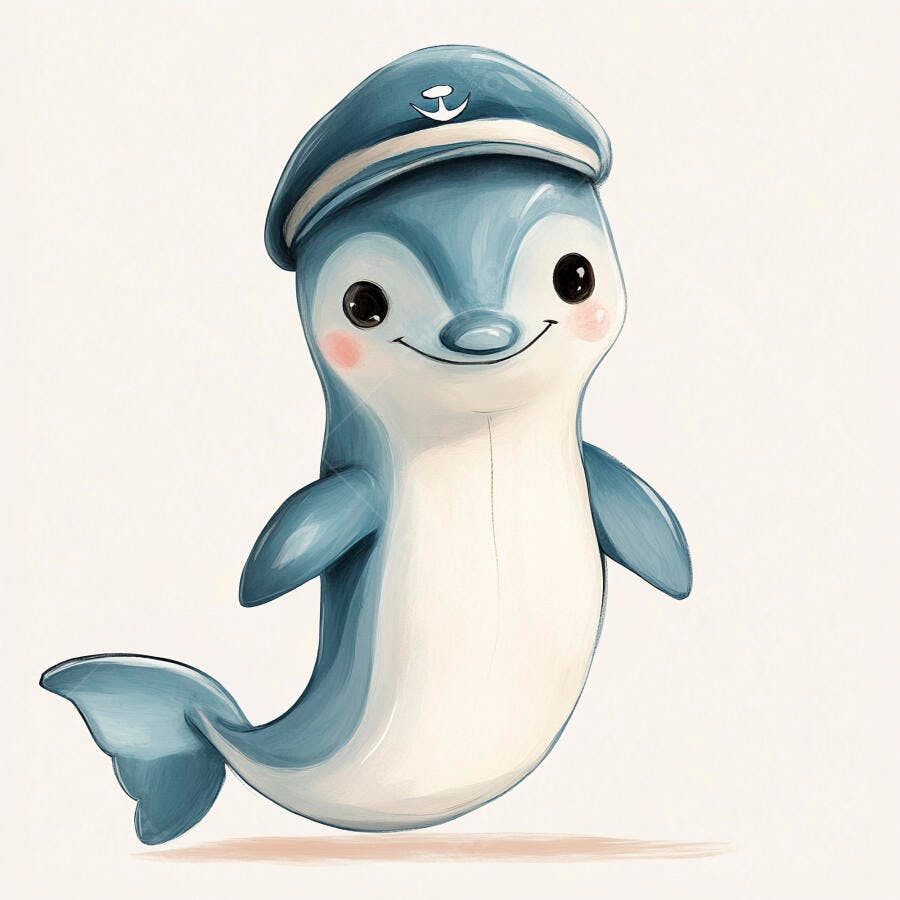 Golfinho azul bebê sorridente com boné de capitão e âncora ilustração infantil