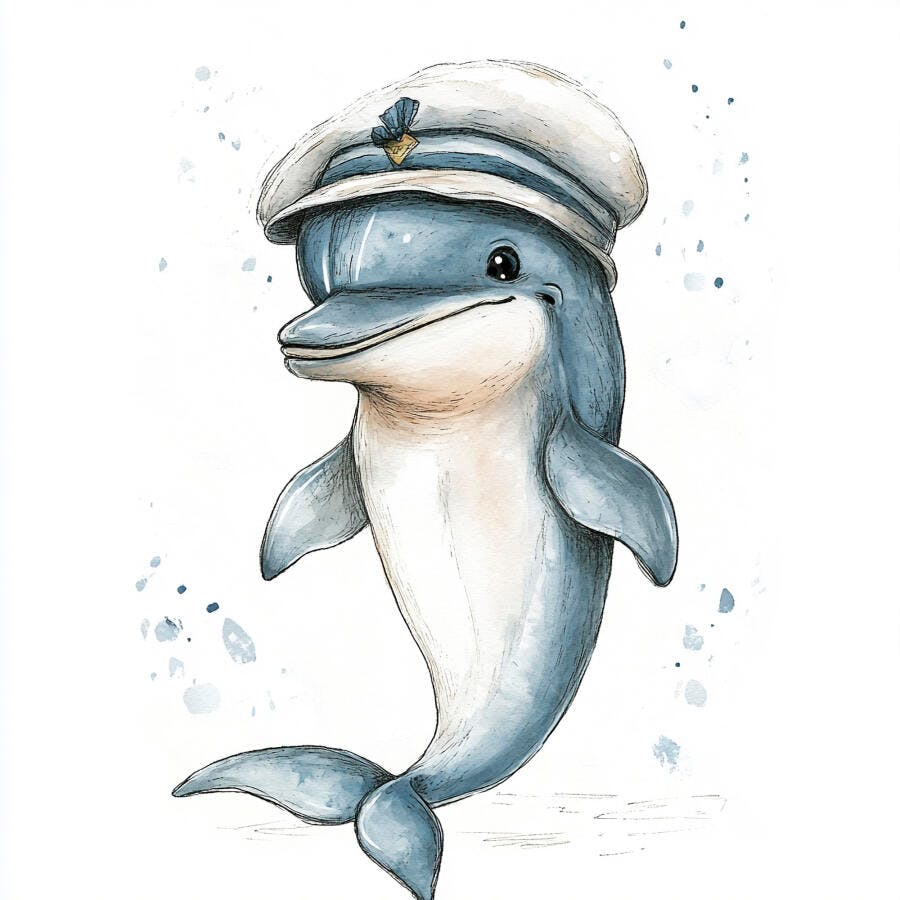 Golfinho filhote azul sorrindo com chapéu de capitão ilustração aquarela