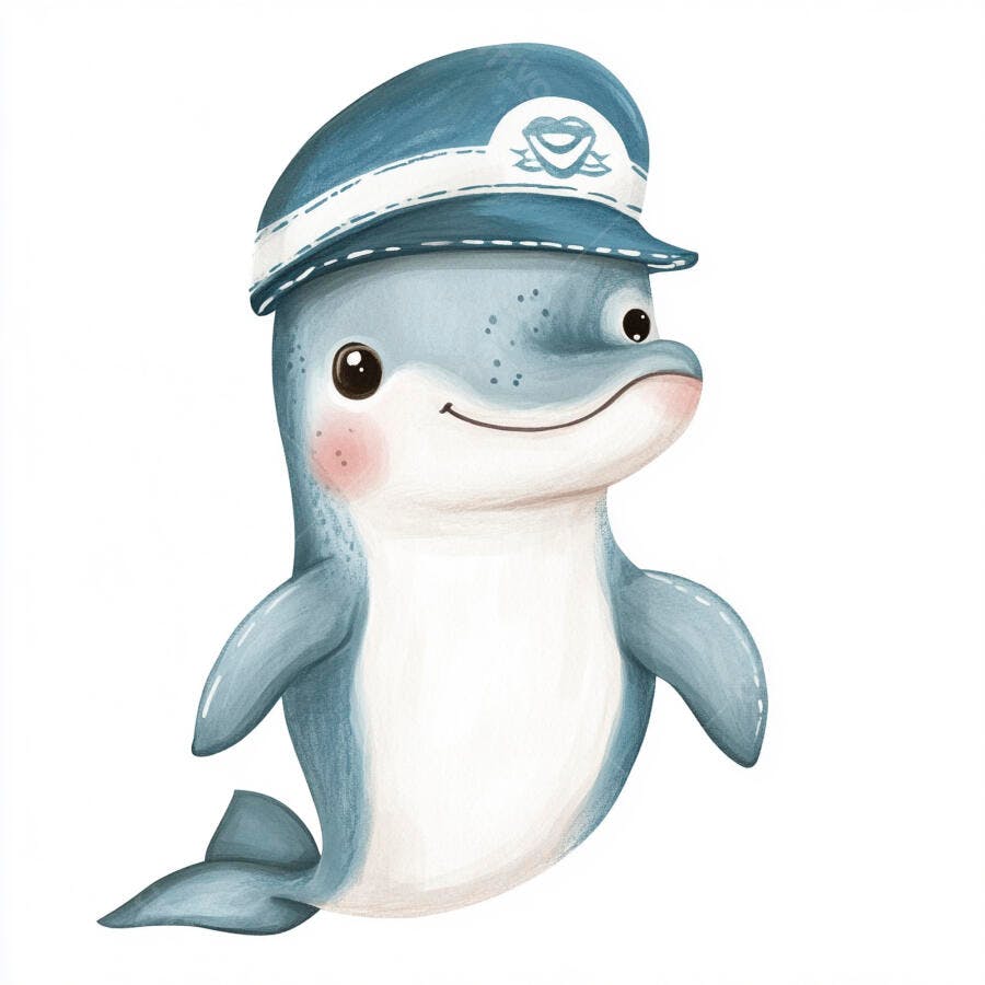 Golfinho bebê fofo de chapéu de capitão azul sorrindo ilustração infantil