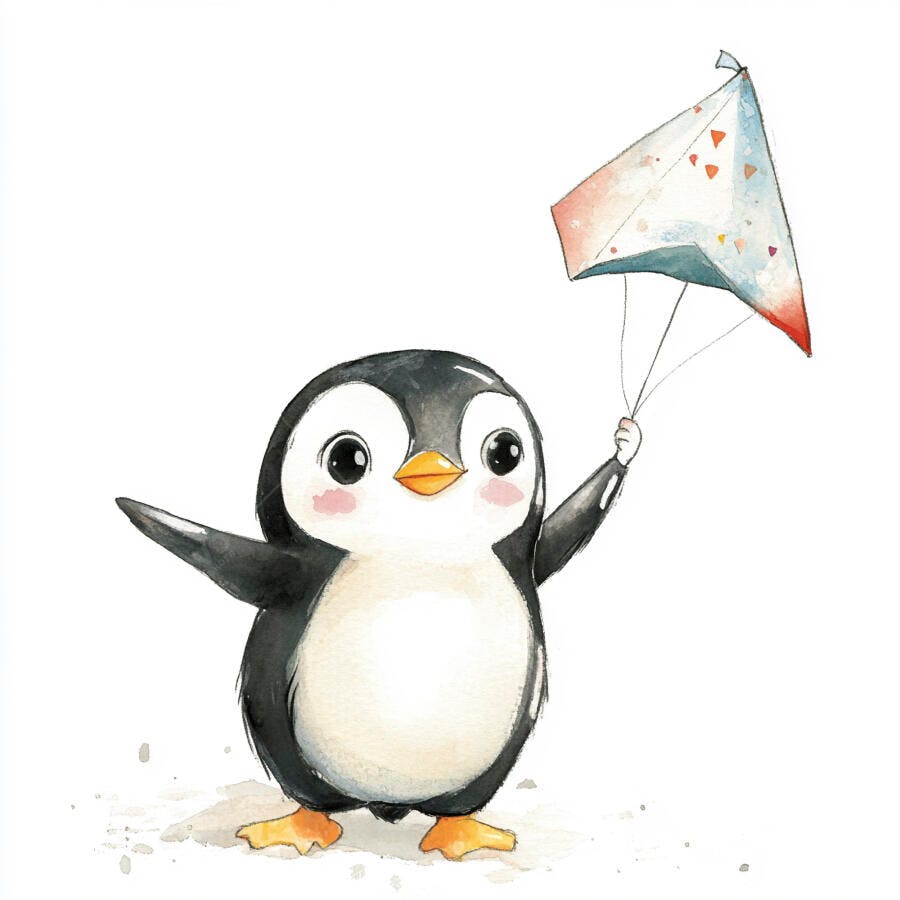Pinguim bebê feliz segurando avião de papel colorido ilustração aquarela