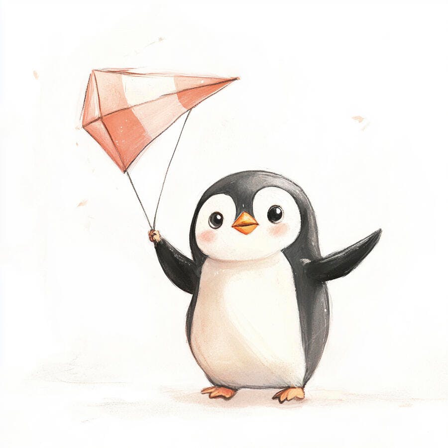 Pinguim bebê fofo segurando pipa colorida sorrindo alegremente