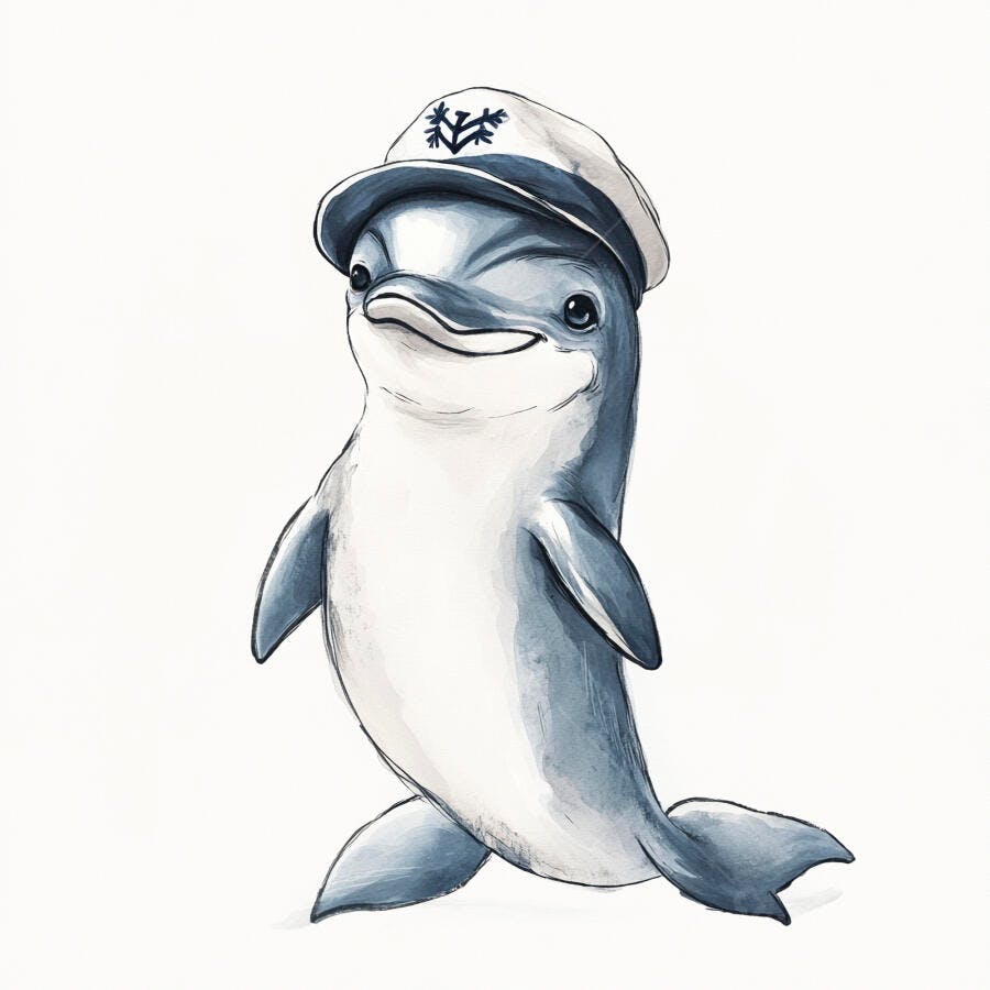 Golfinho feliz de chapéu de capitão em estilo aquarela fofo