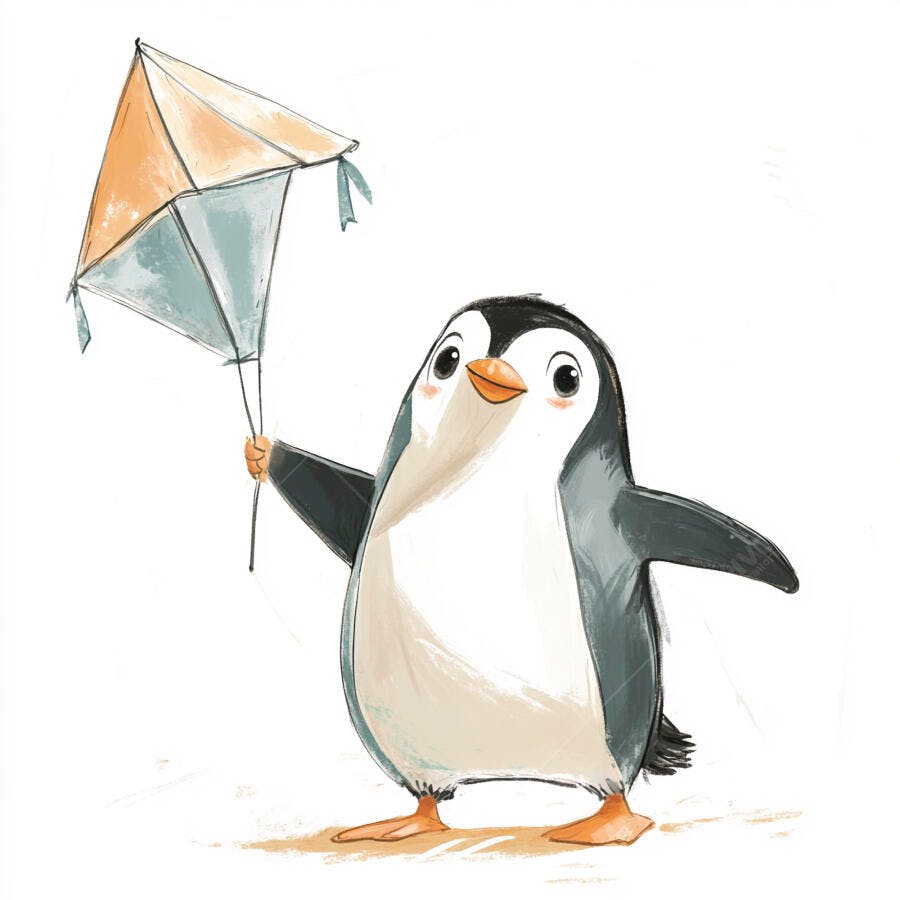 Pinguim fofo segurando pipa colorida sorrindo alegremente