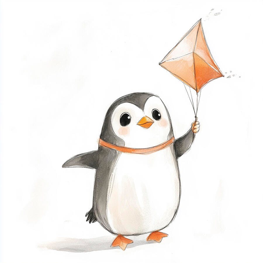 Pinguim fofo segurando pipa laranja e sorrindo em fundo branco minimalista