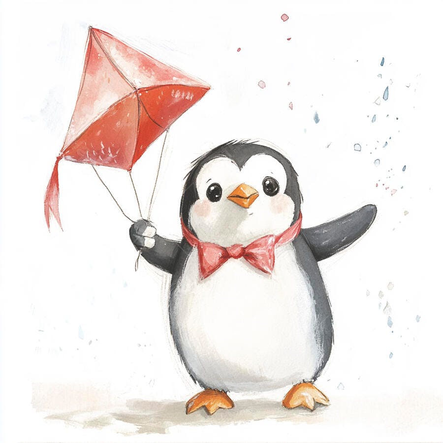 Pinguim fofo de laço vermelho segurando pipa vermelha ilustração aquarela