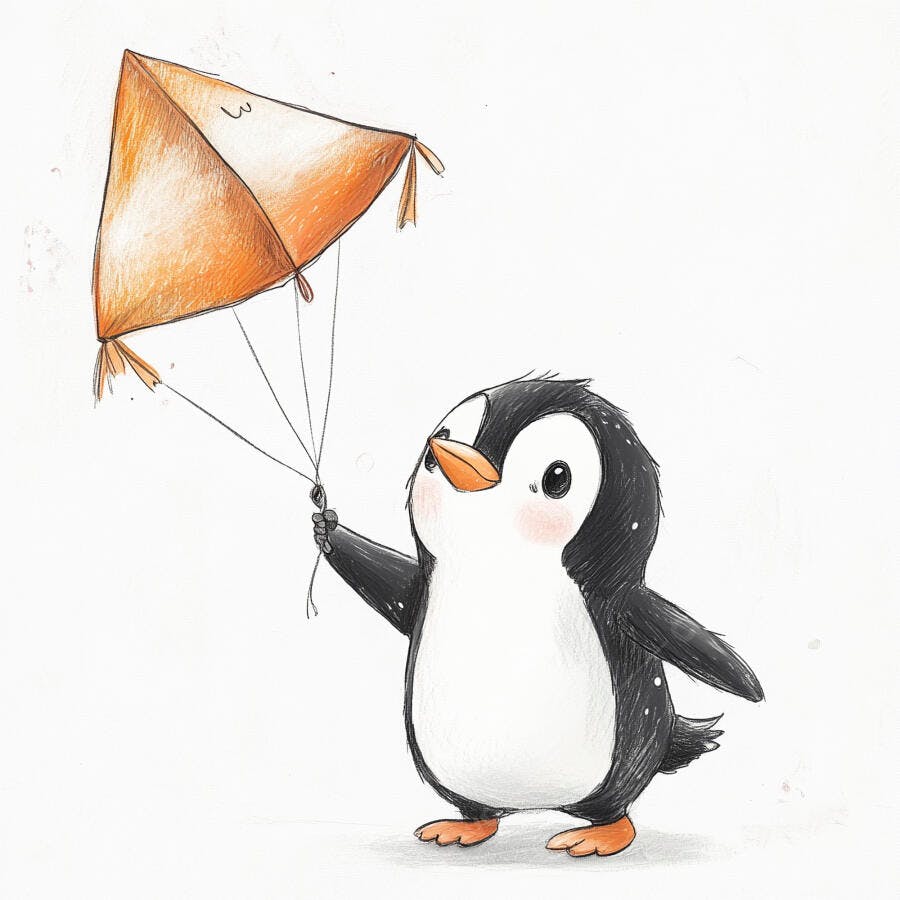 Pinguim fofo segurando pipa laranja em ilustração infantil