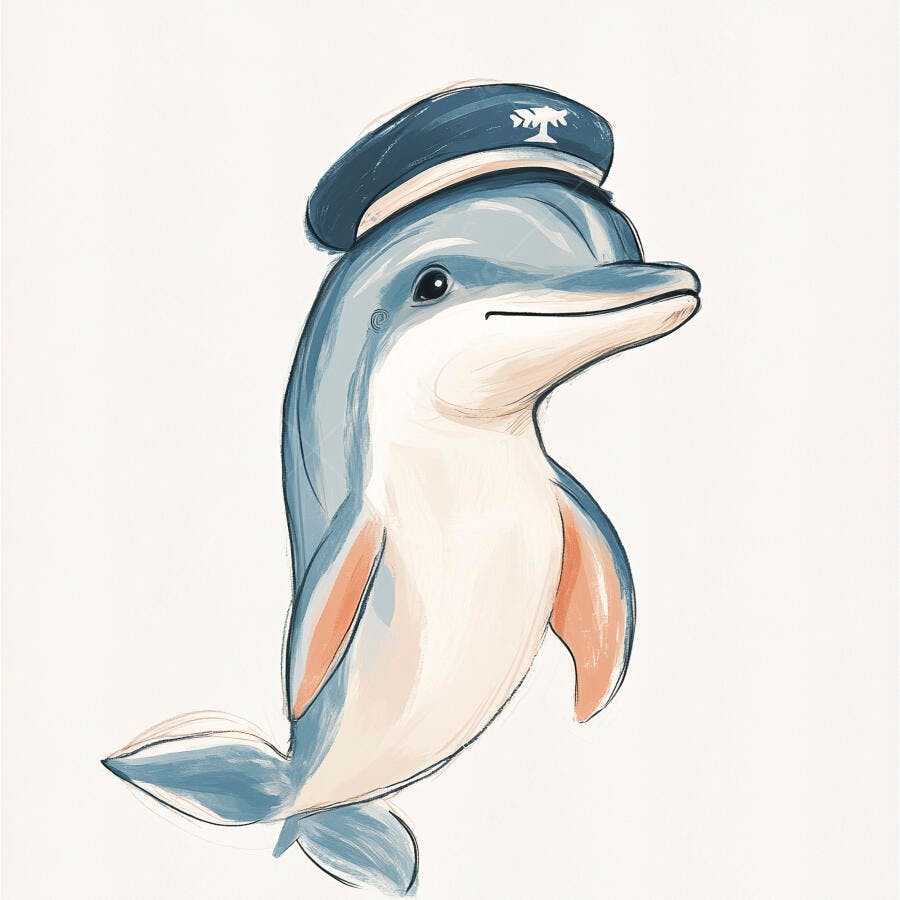 Golfinho azul bebê usando chapéu de capitão sorrindo ilustração fofa