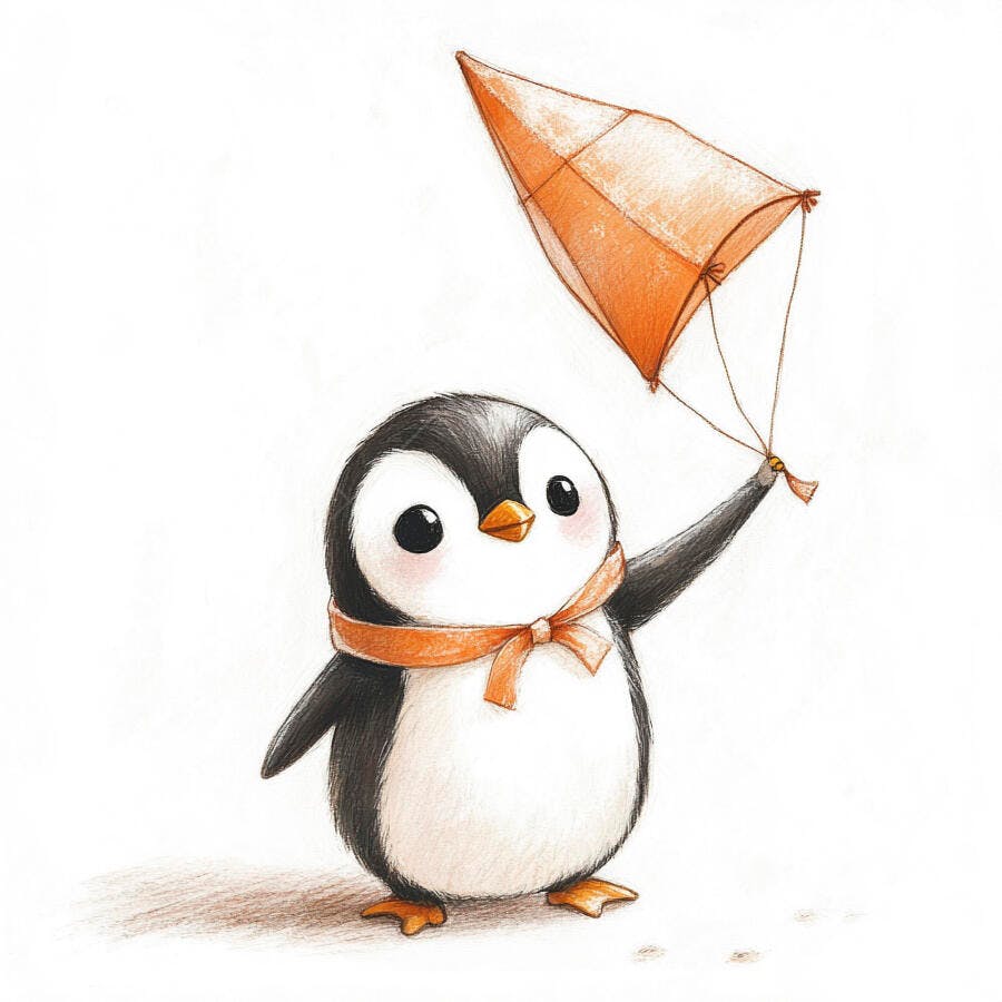 Pinguim fofo de cachecol laranja segurando pipa colorida