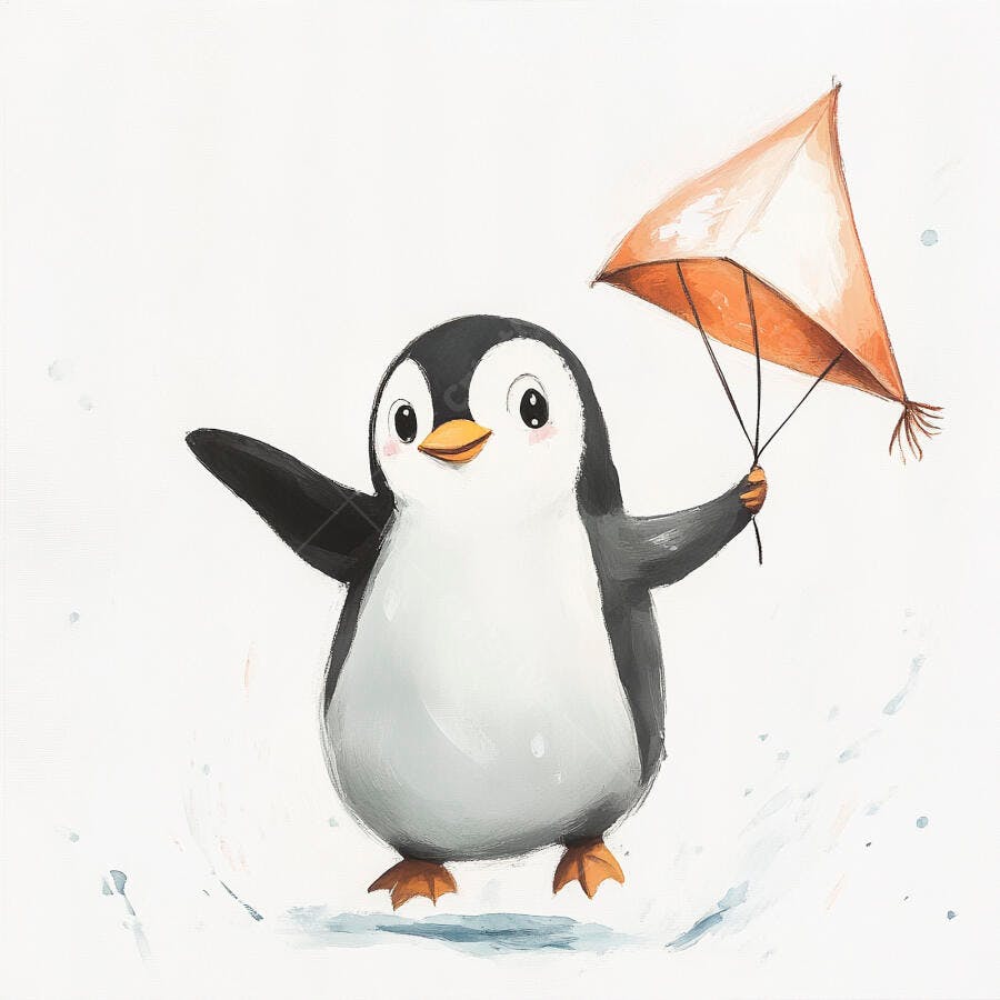 Pinguim fofo segurando pipa laranja flutuando alegremente ilustração