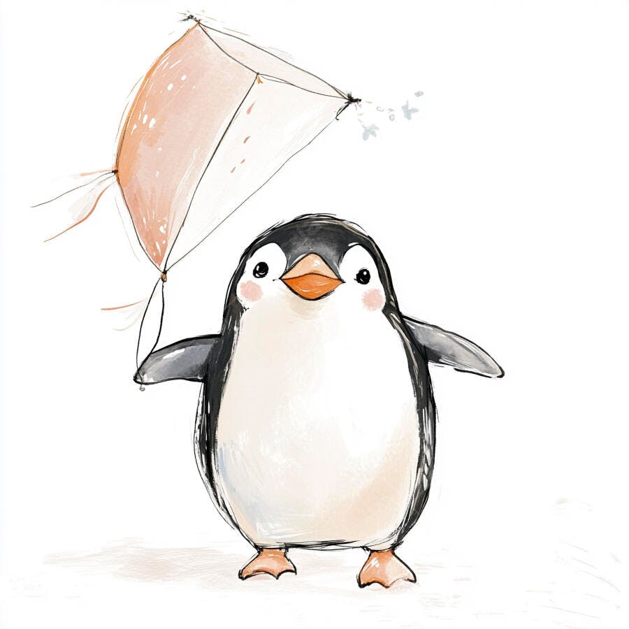 Pinguim fofo de bochechas rosadas segurando pipa colorida em fundo branco