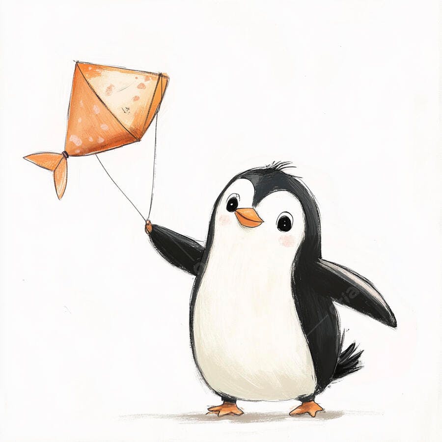 Pinguim fofo segurando pipa laranja sorrindo ilustração infantil