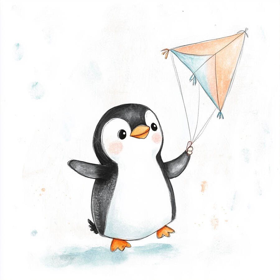 Pinguim bebê fofo preto e branco segurando pipa colorida ilustração infantil