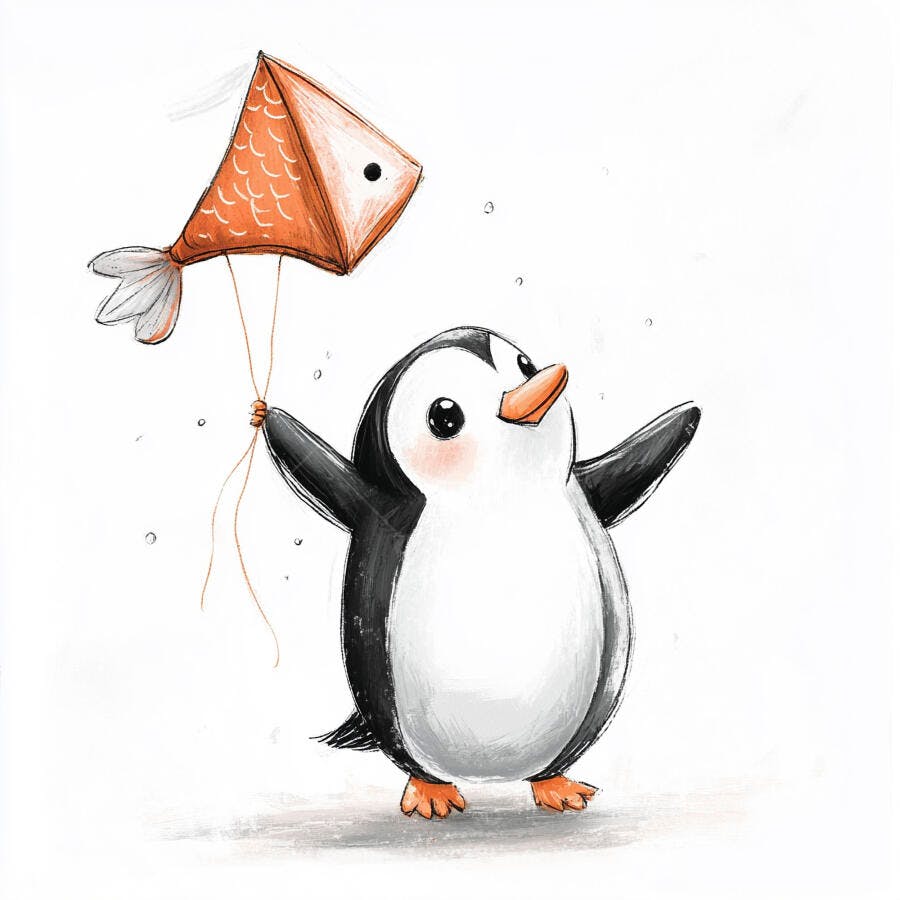 Pinguim fofo segurando pipa de peixe laranja com alegria