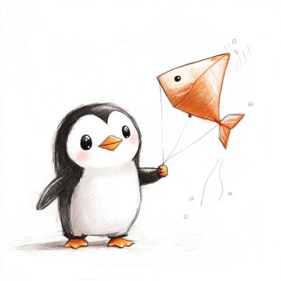 Pinguim fofo segurando balão de peixe laranja ilustração infantil
