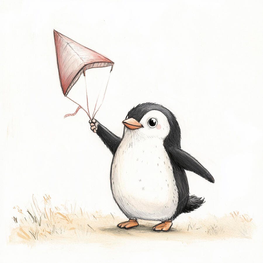 Pinguim bebê fofo segurando pipa rosa em campo de grama ilustração