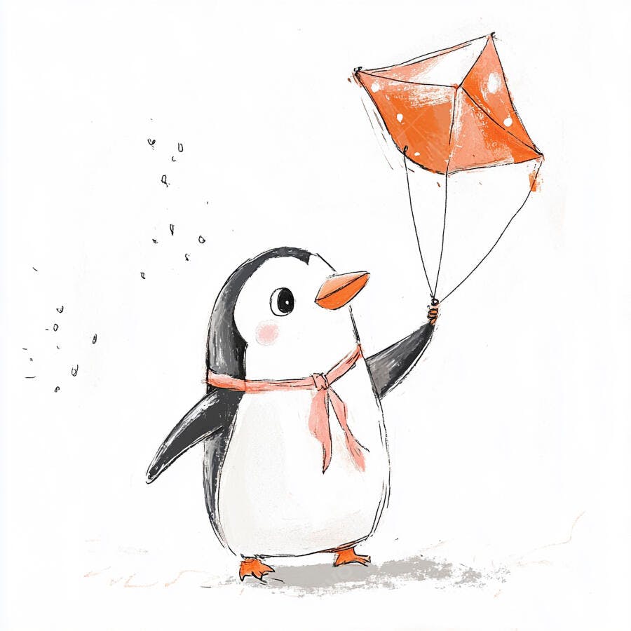 Pinguim fofo de cachecol rosa segurando pipa laranja em ilustração infantil