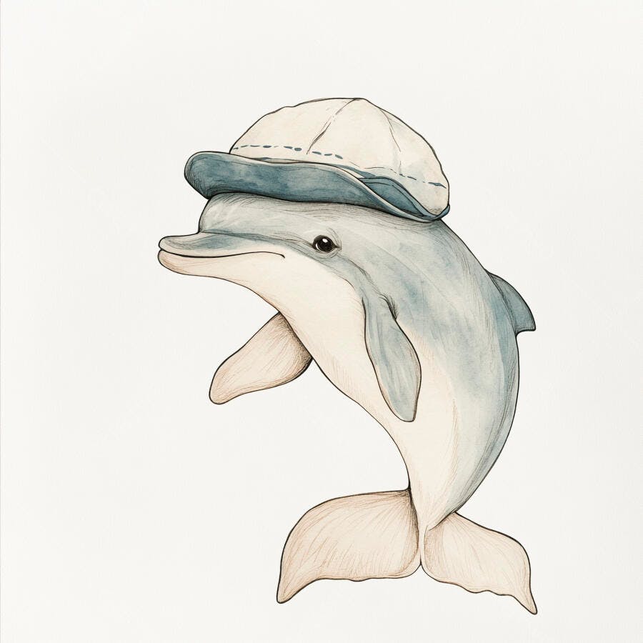 Golfinho azul claro com chapéu de marinheiro em ilustração aquarela fofa