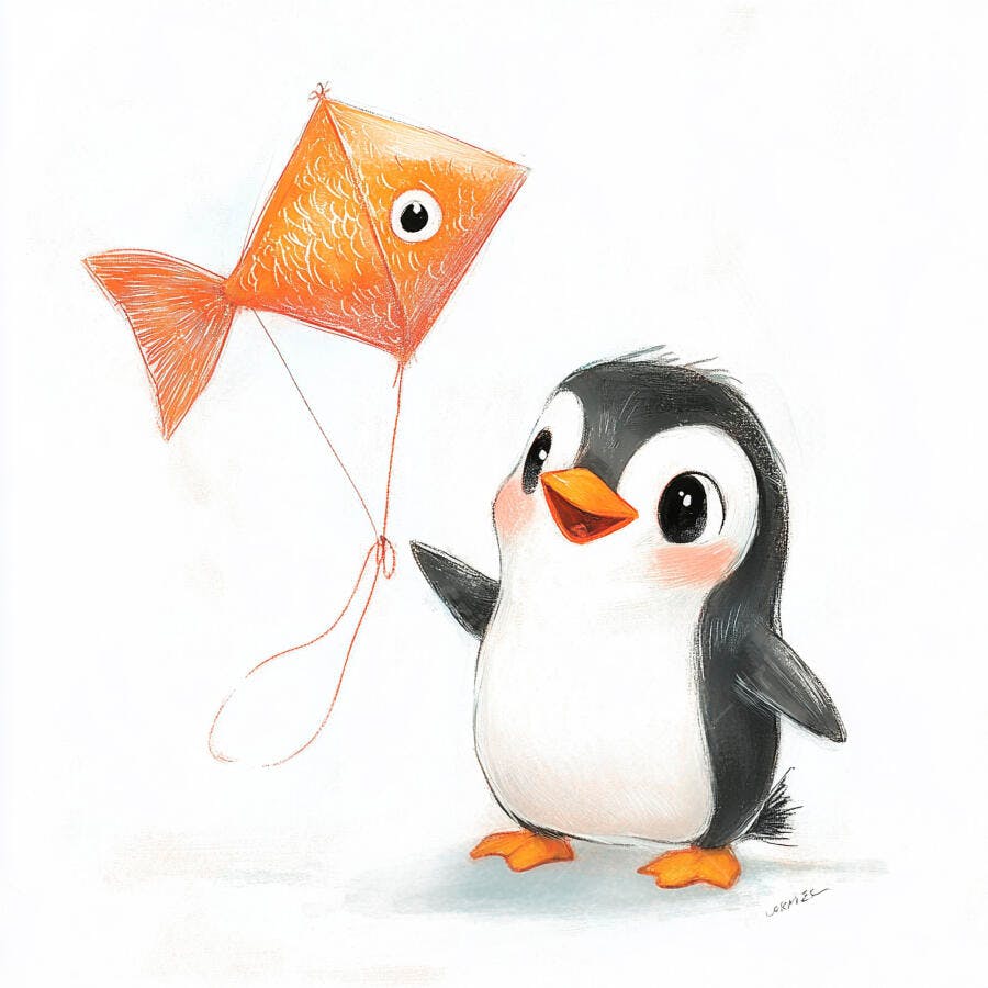 Pinguim bebê fofo segurando pipa de peixe laranja divertido