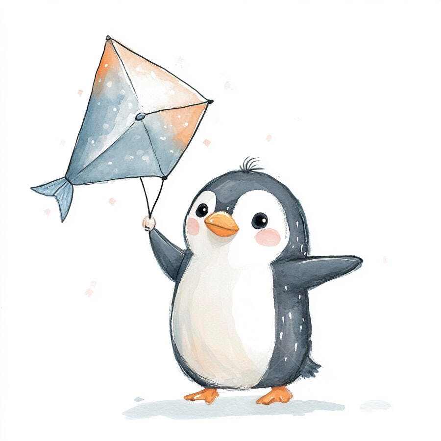 Pinguim feliz fofo segurando pipa de peixe estilo aquarela para crianças