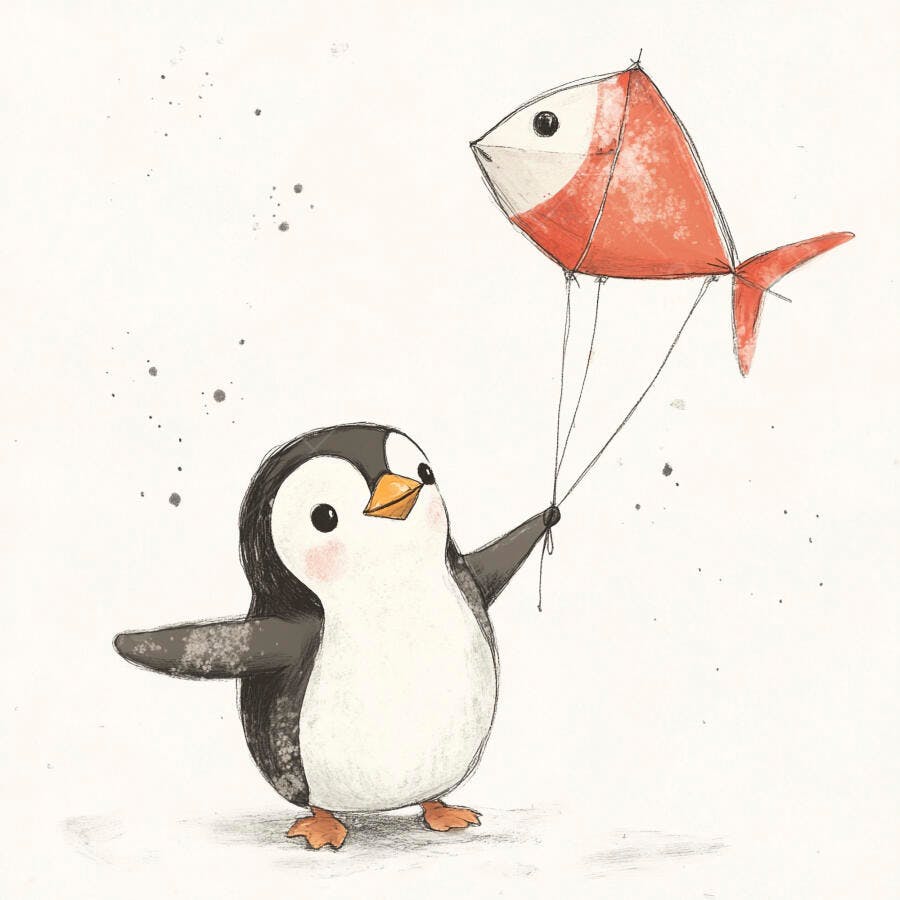 Pinguim fofo segurando pipa vermelha de peixe ilustração infantil