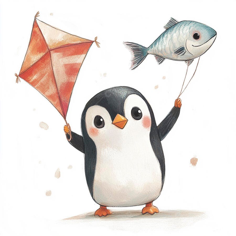 Pinguim fofo segurando pipa laranja e balão de peixe azul em fundo branco